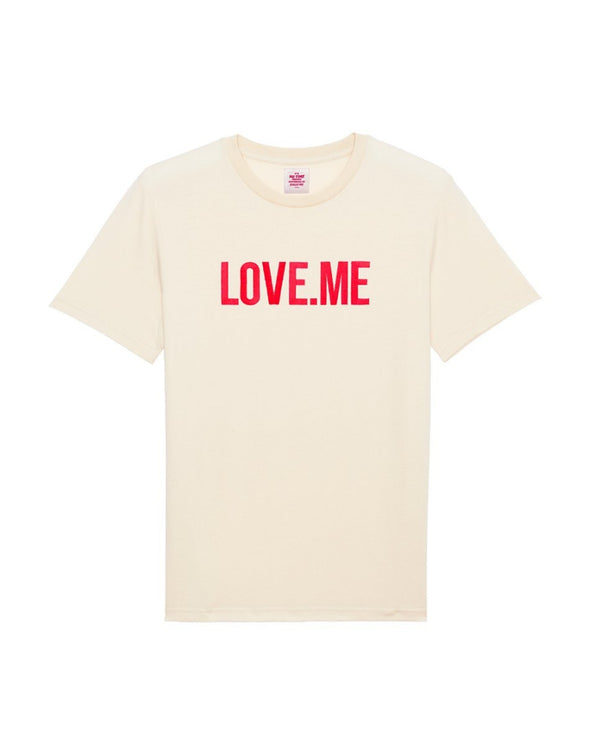 T-Shirt natural raw mit neon rotem Statement LOVE.ME